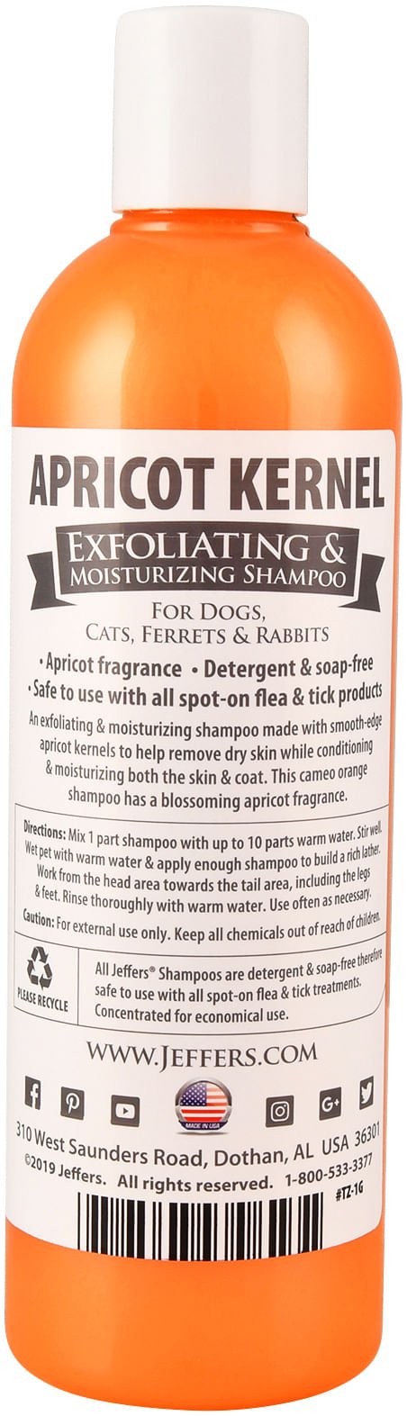 Orange shampoo bottle with white label for dogs, cats, ferrets, and rabbits on a white background