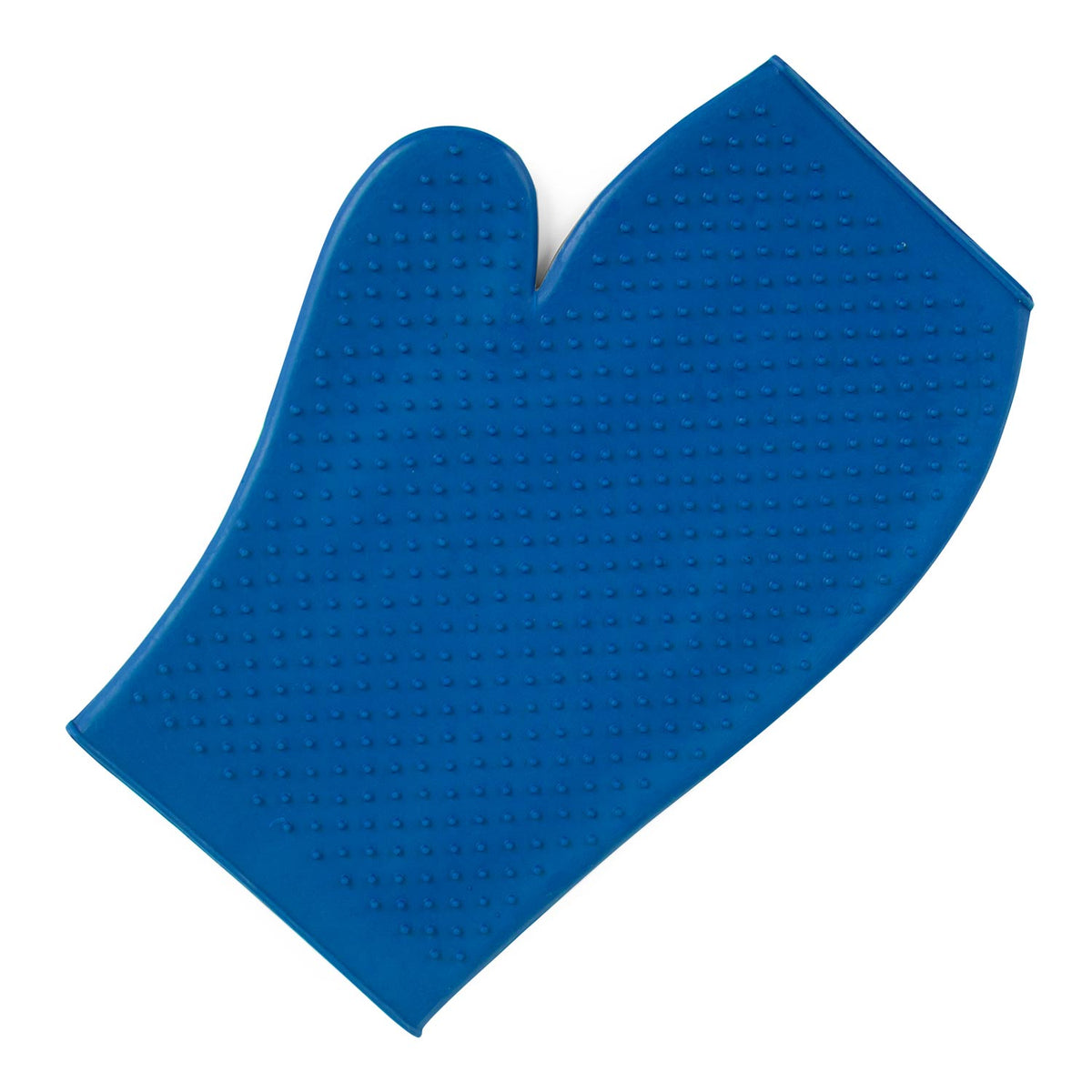 Blue silicone oven mitt on a white background