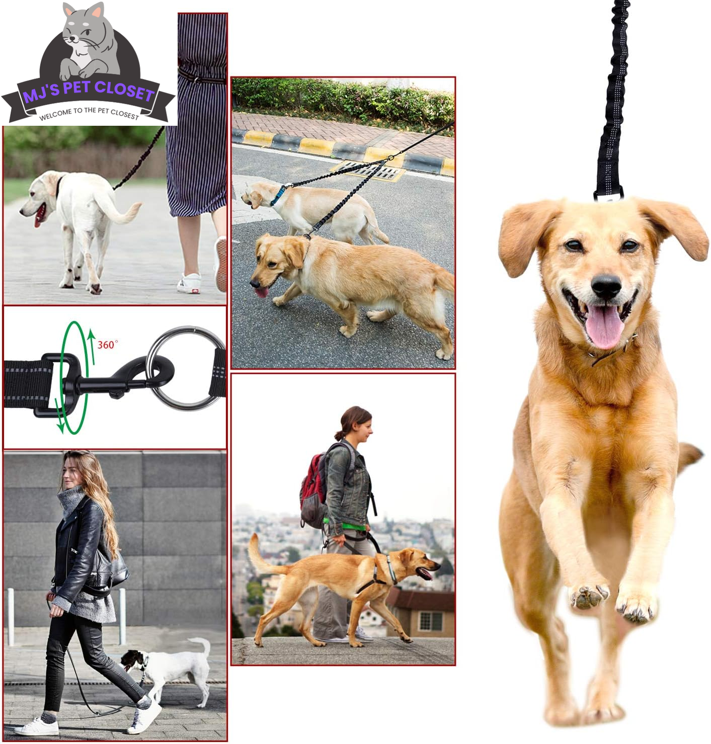 360° Swivel Double Dog Leash – Hands-Free, Bungee Shock Absorber (Up to 200 lbs) MJ's Pet Closet
