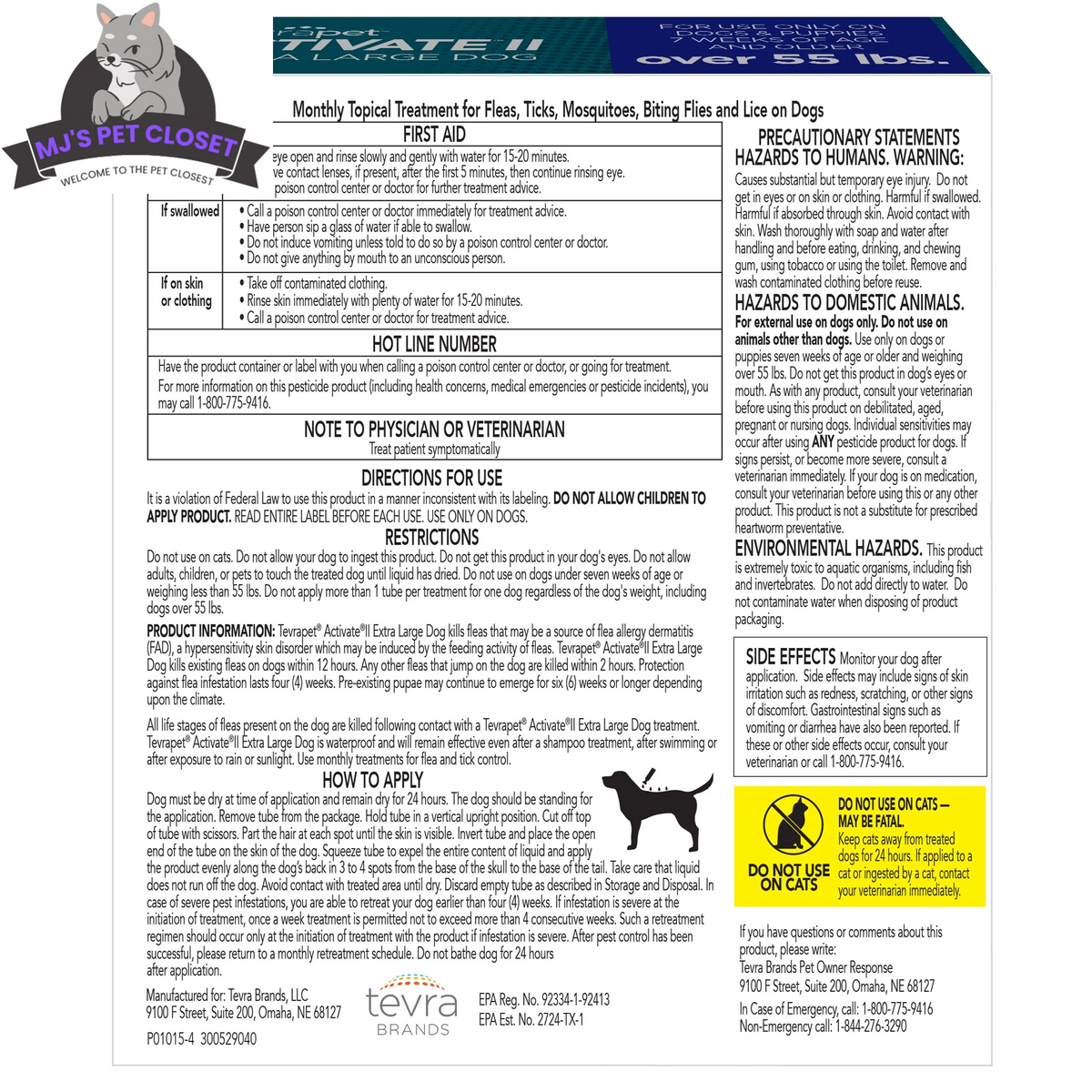 TevraPet Activate II Flea & Tick Topical Drops for XL Dogs (55+ lbs) MJ's Pet Closet