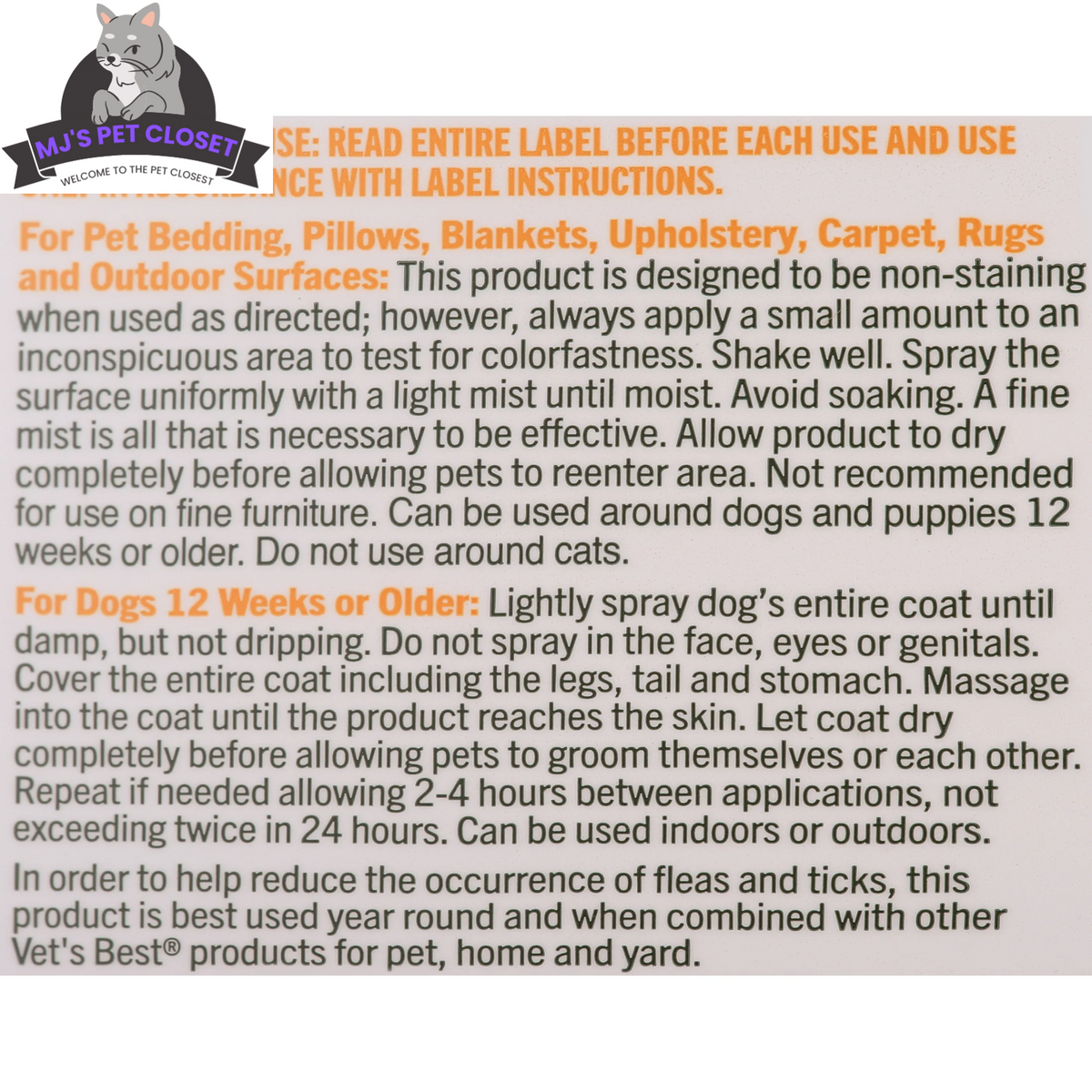Vet's Best Flea & Tick Home Spray – Natural Peppermint, 32oz MJ's Pet Closet