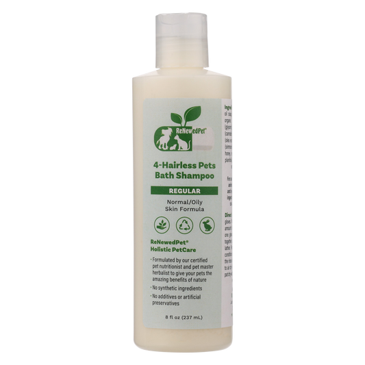 Bottle of 4-Hairless Pets Bath Shampoo on a white background