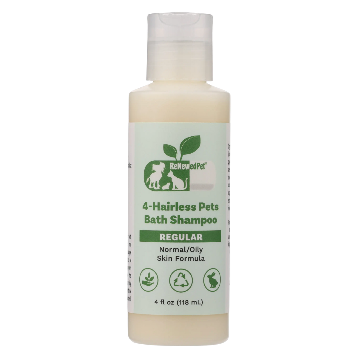 Bottle of RenewedPet 4-Hairless Pets Bath Shampoo on a white background