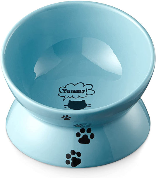 Blue elevated pet feeder with 'Yummy!' and paw print designs on a white background