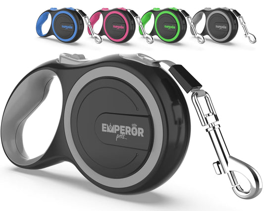 Black retractable dog leash with carabiner and Emperor Pets logo, shown with color options in the background.