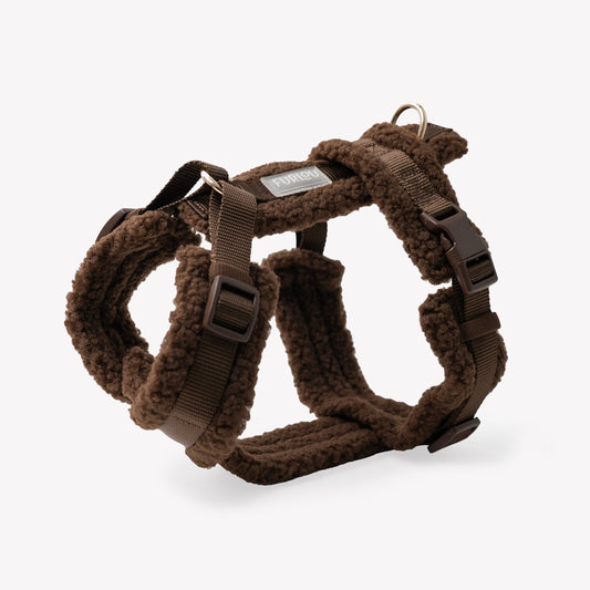 Brown sherpa dog harness with gold hardware and adjustable straps