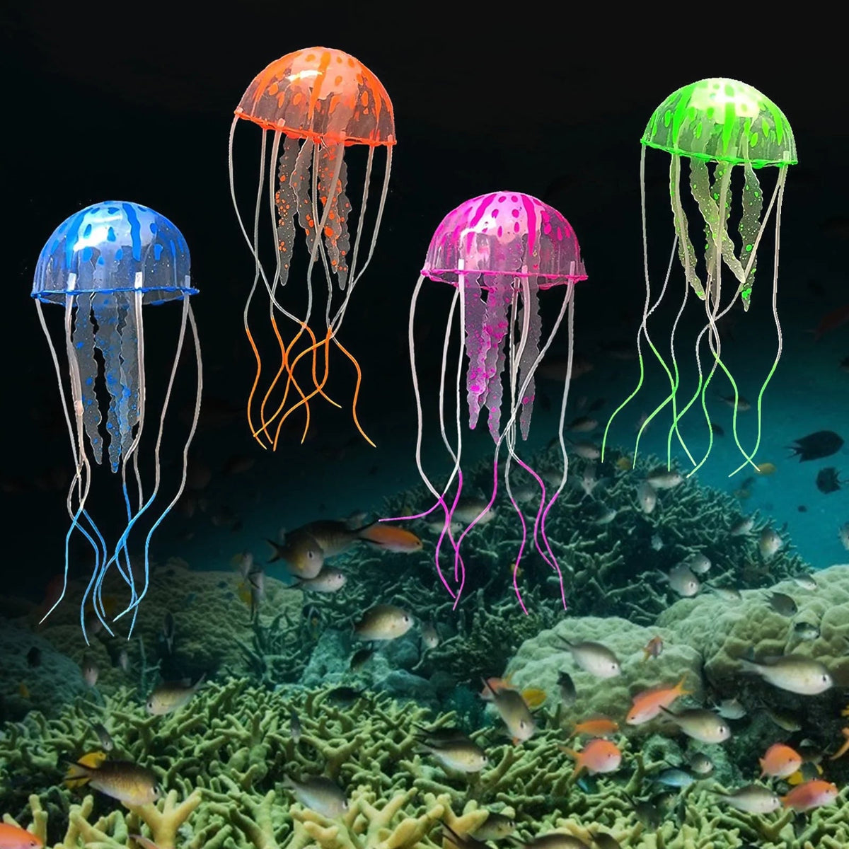 Colorful jellyfish lights on an underwater scene with fish and coral.