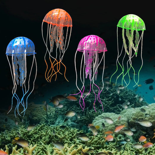 Colorful jellyfish lights on an underwater scene with fish and coral.