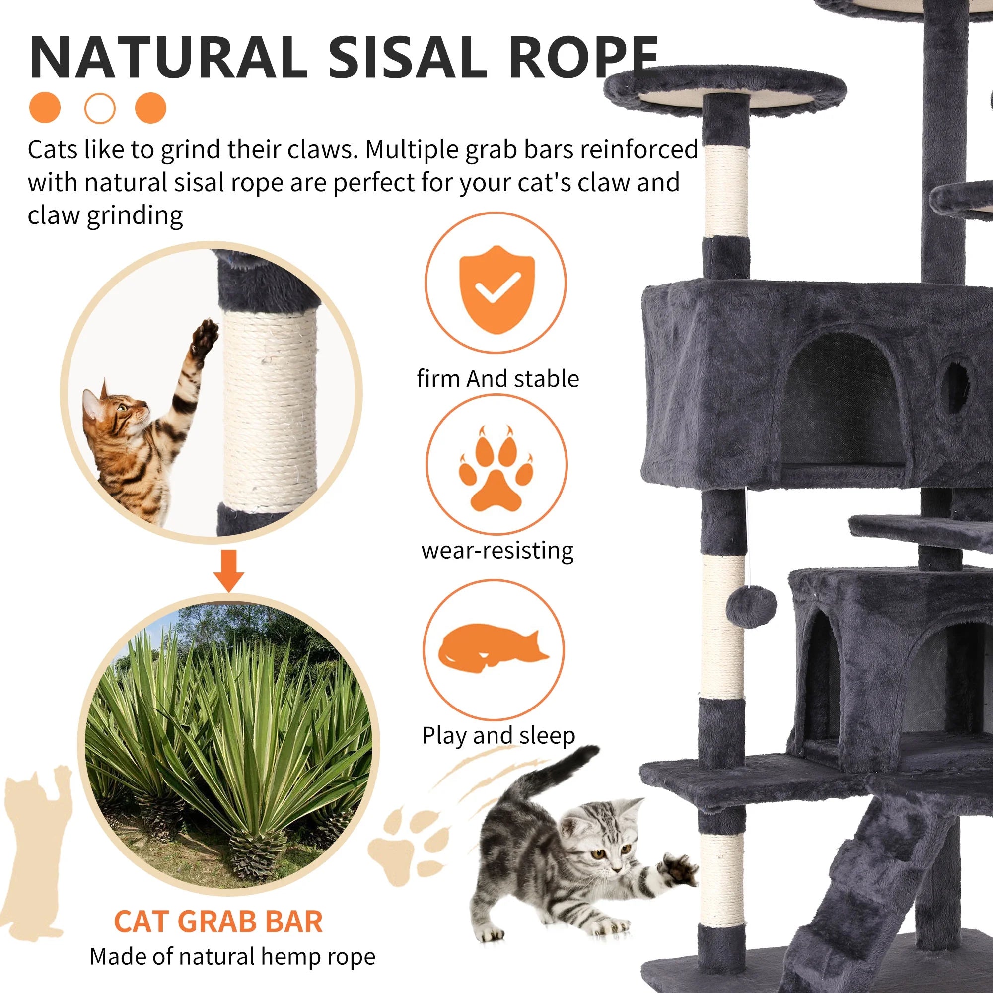 NiamVelo 54" Double Condo Cat Tree – Ashy, Sturdy 4-Floor Design MJ's Pet Closet