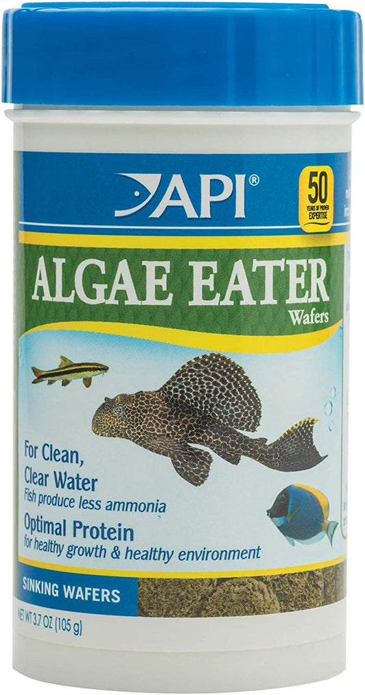 API Algae Eater Wafers container with blue lid and fish illustration on a white background