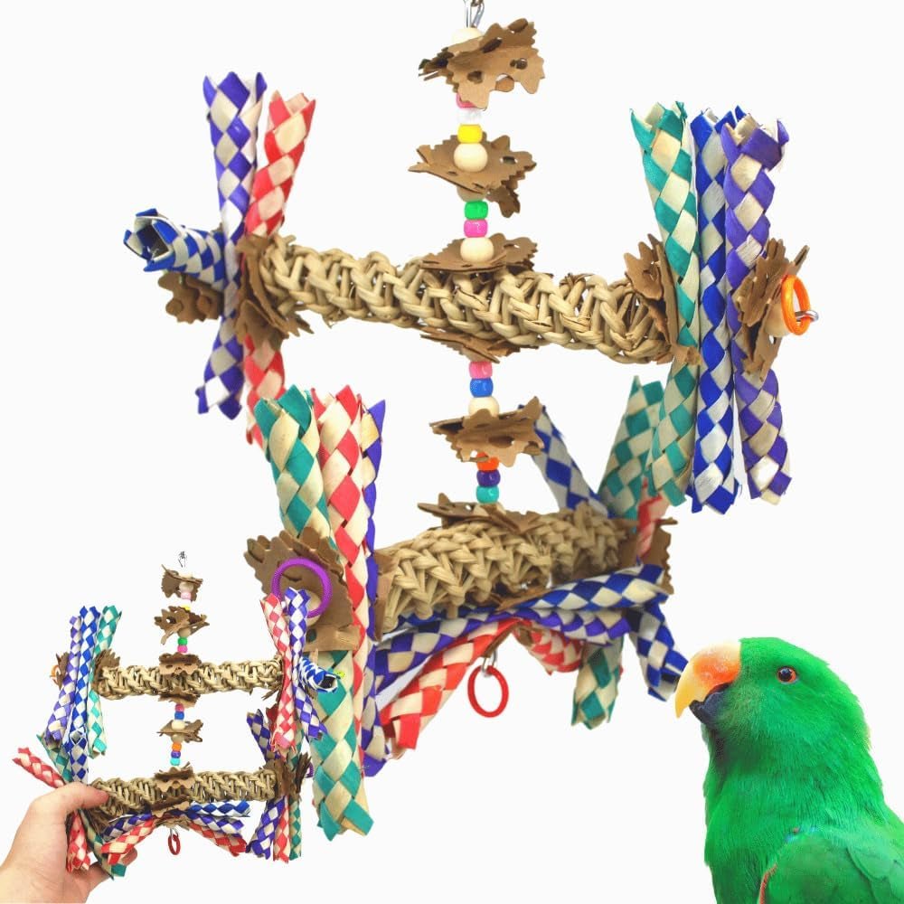Colorful bird toy with a green parrot on a white background