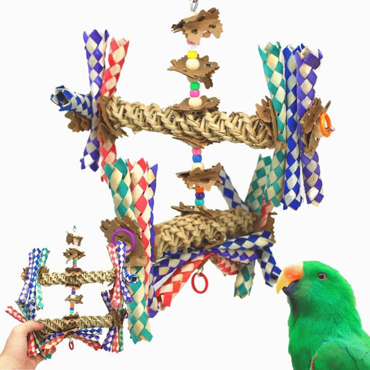 Colorful bird toy with a green parrot on a white background