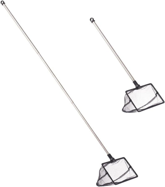 Two fishing nets with long handles on a white background
