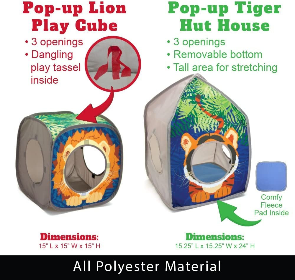 Kitty City Pop-Up Jungle Cat Cube Combo – 3-Piece Set with Lion Cube, Tiger House & Safari Tunnel MJ's Pet Closet