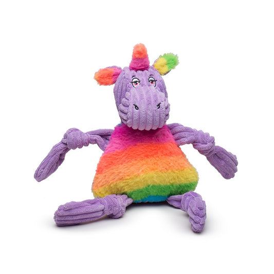Colorful plush toy with a rainbow body and multicolored hair on a white background
