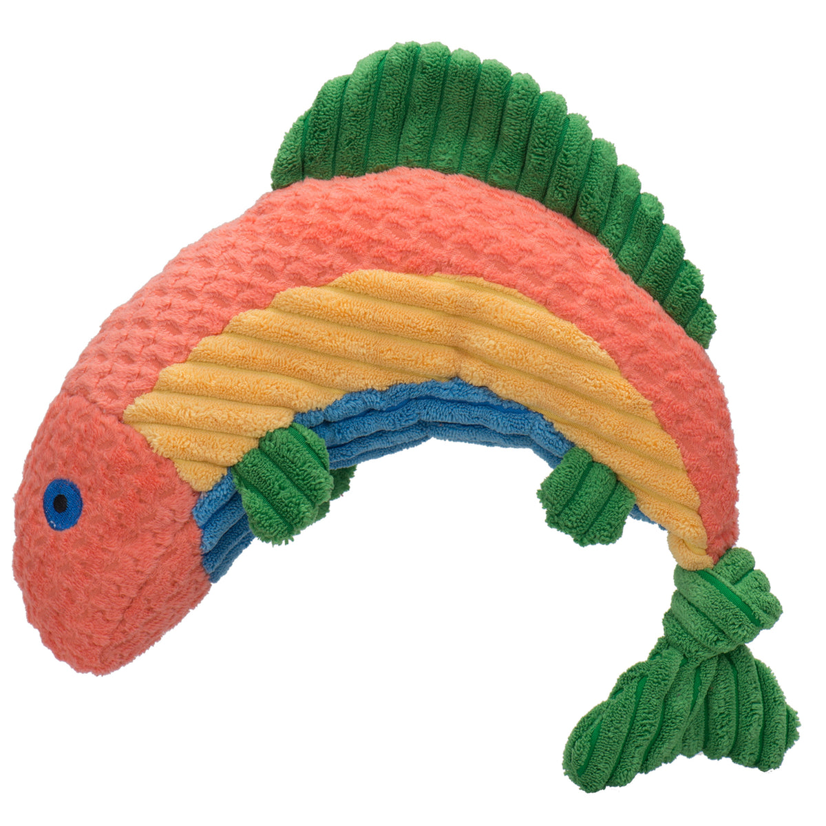 Colorful fish-shaped toy with a green tail on a white background