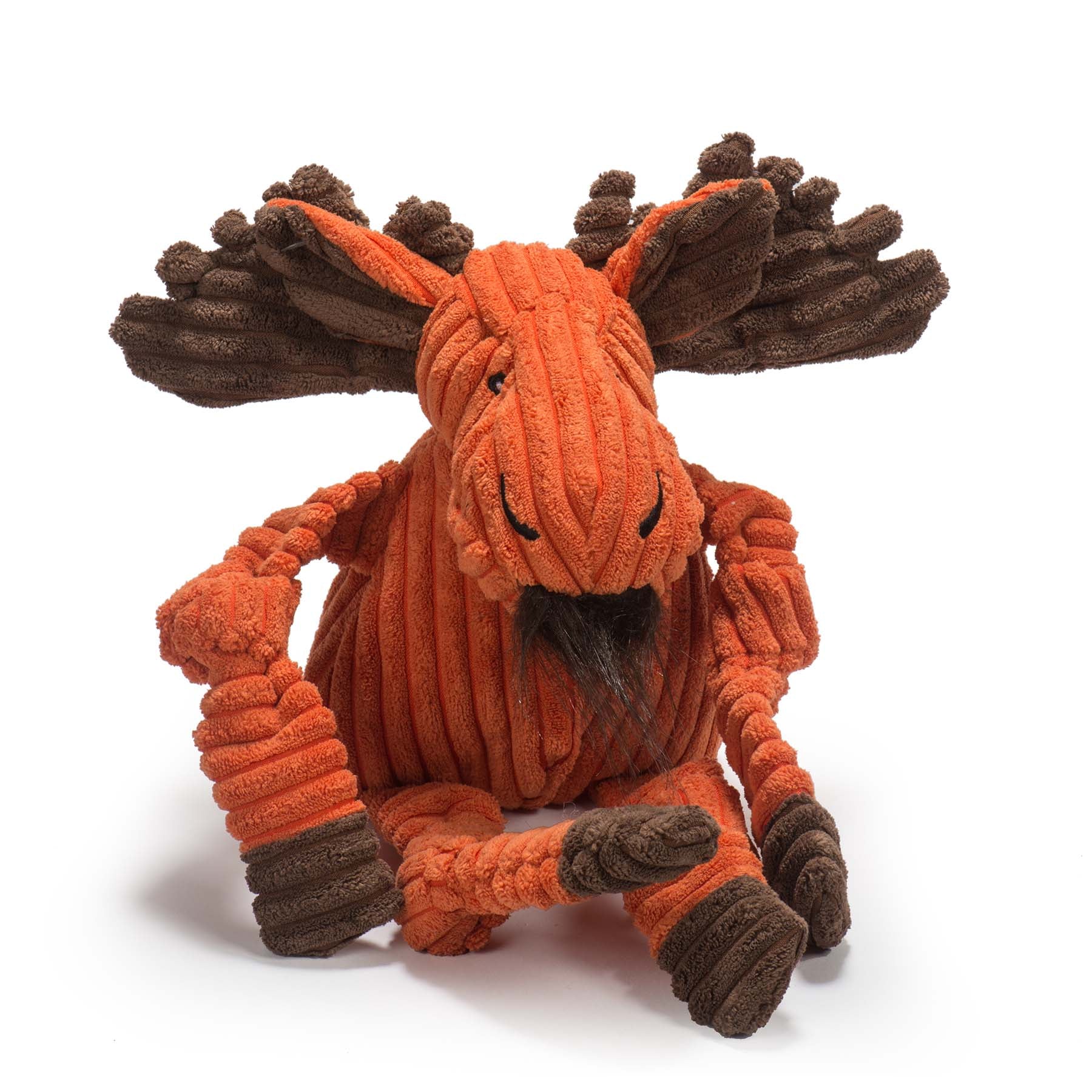 Plush moose toy with brown antlers on a white background