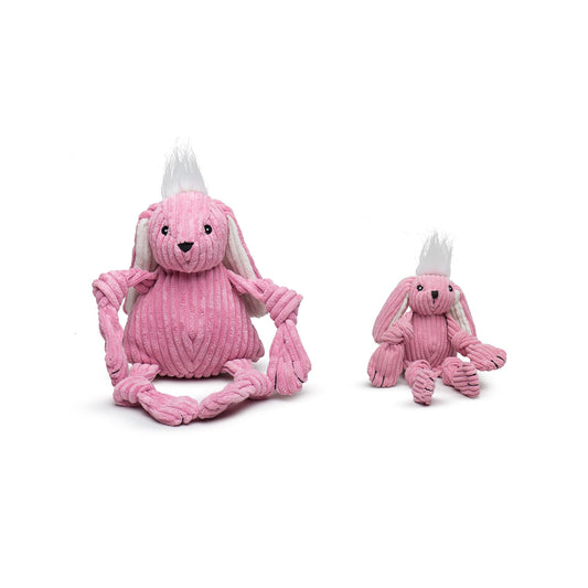 Two pink plush toys with braided tails on a white background