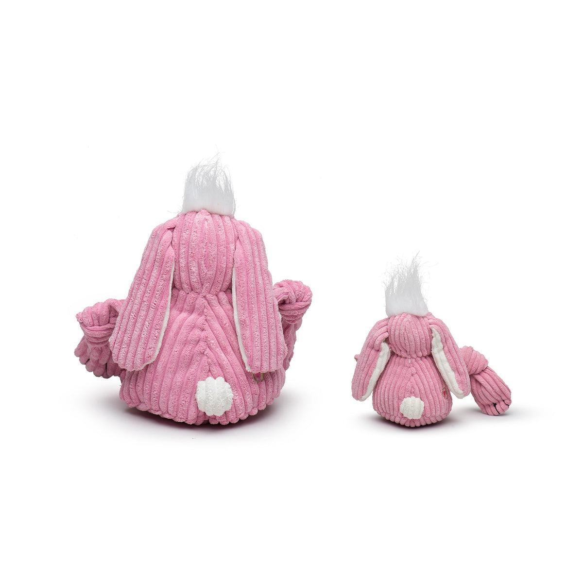 Two pink plush toys with white accents on a white background