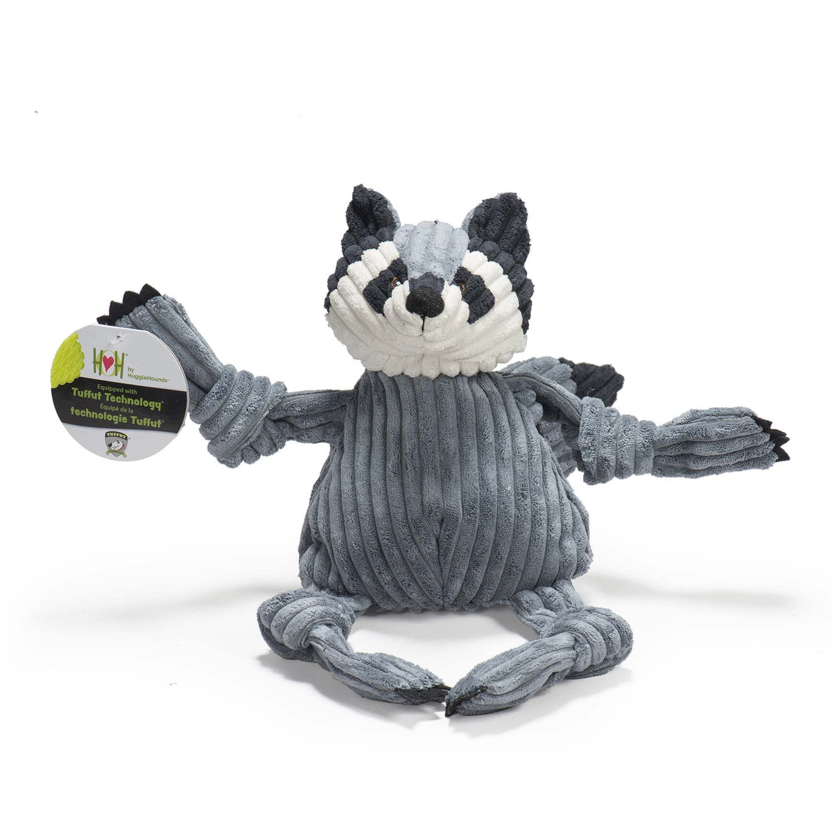 Gray plush toy resembling a raccoon with a label on a white background