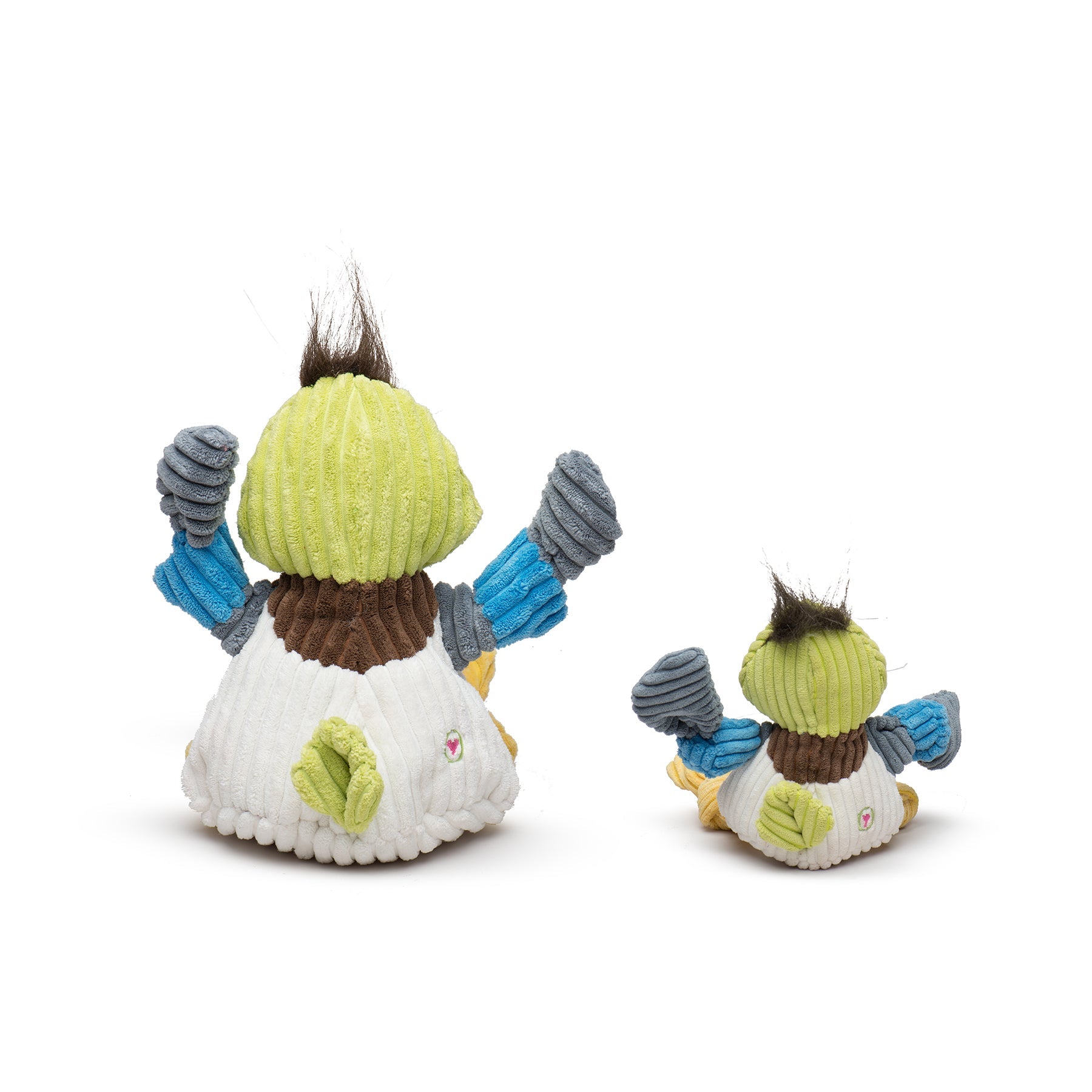 Two plush toys resembling characters with green heads, brown bodies, and blue sleeves on a white background.