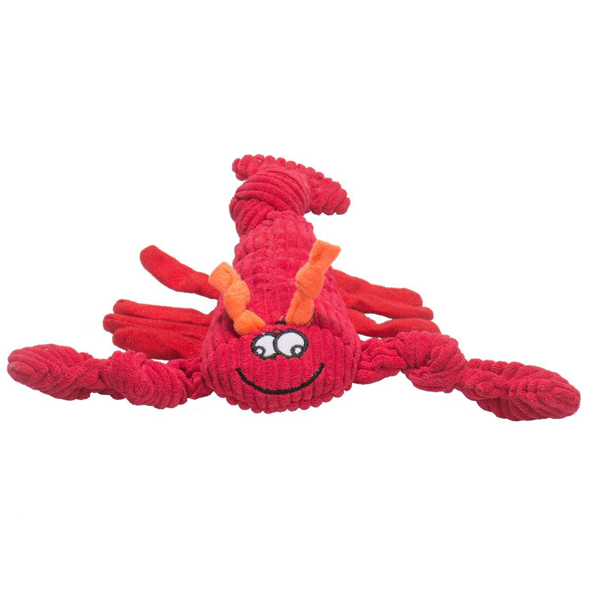 Red rope spider toy with a smiling face on a white background