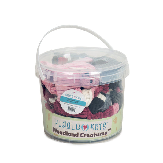 Bucket of Hugglehugs Woodland Creatures toys on a white background