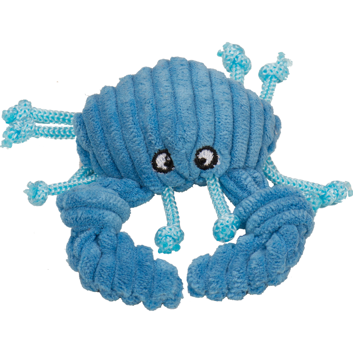 Blue plush toy with a face on a white background