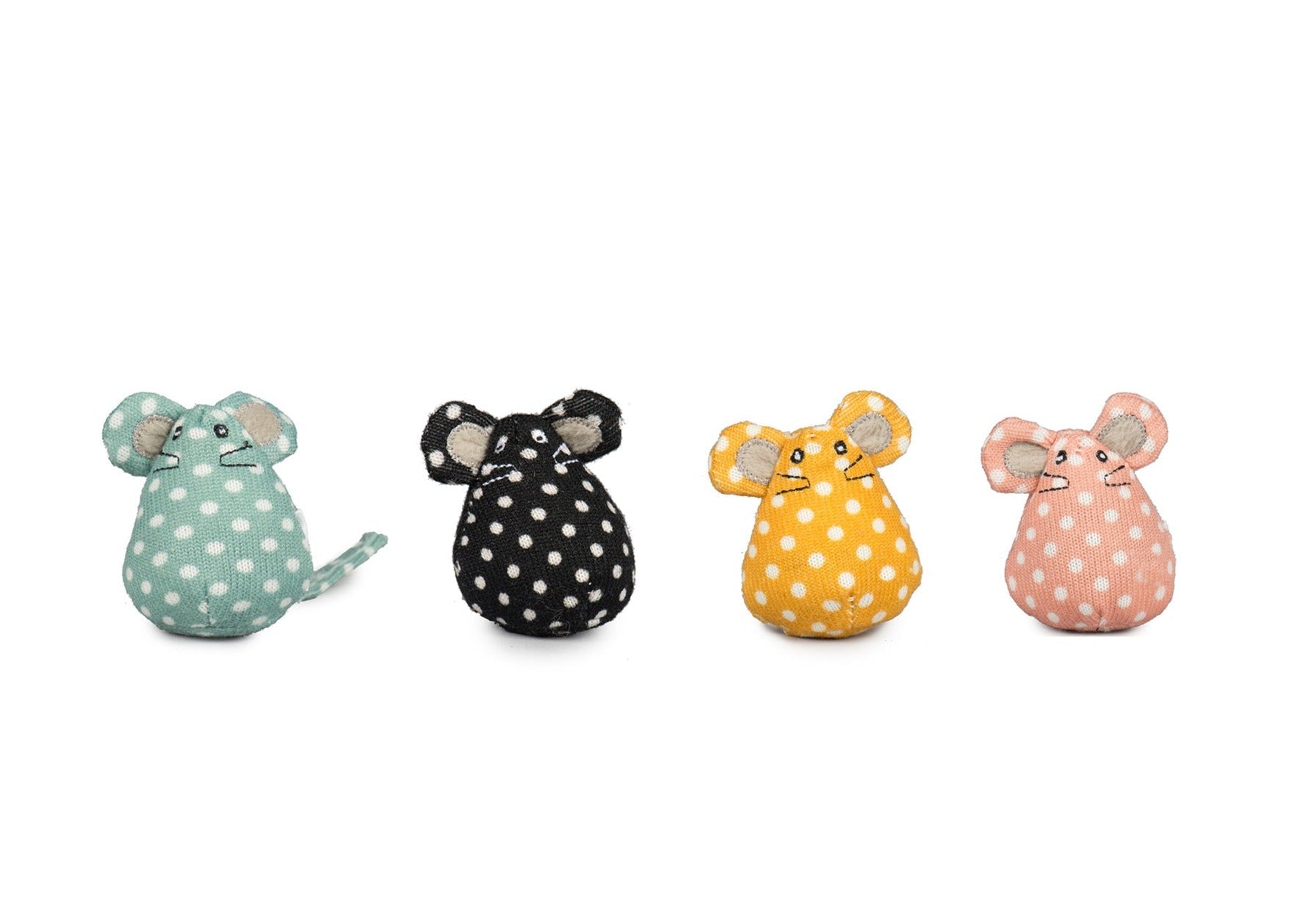 Four colorful polka dot mice on a white background
