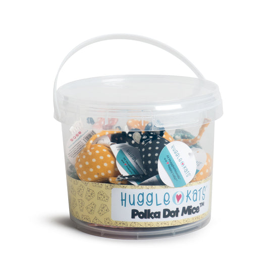 Bucket of HuggleMats Polka Dot Mice catnip toys on a white background