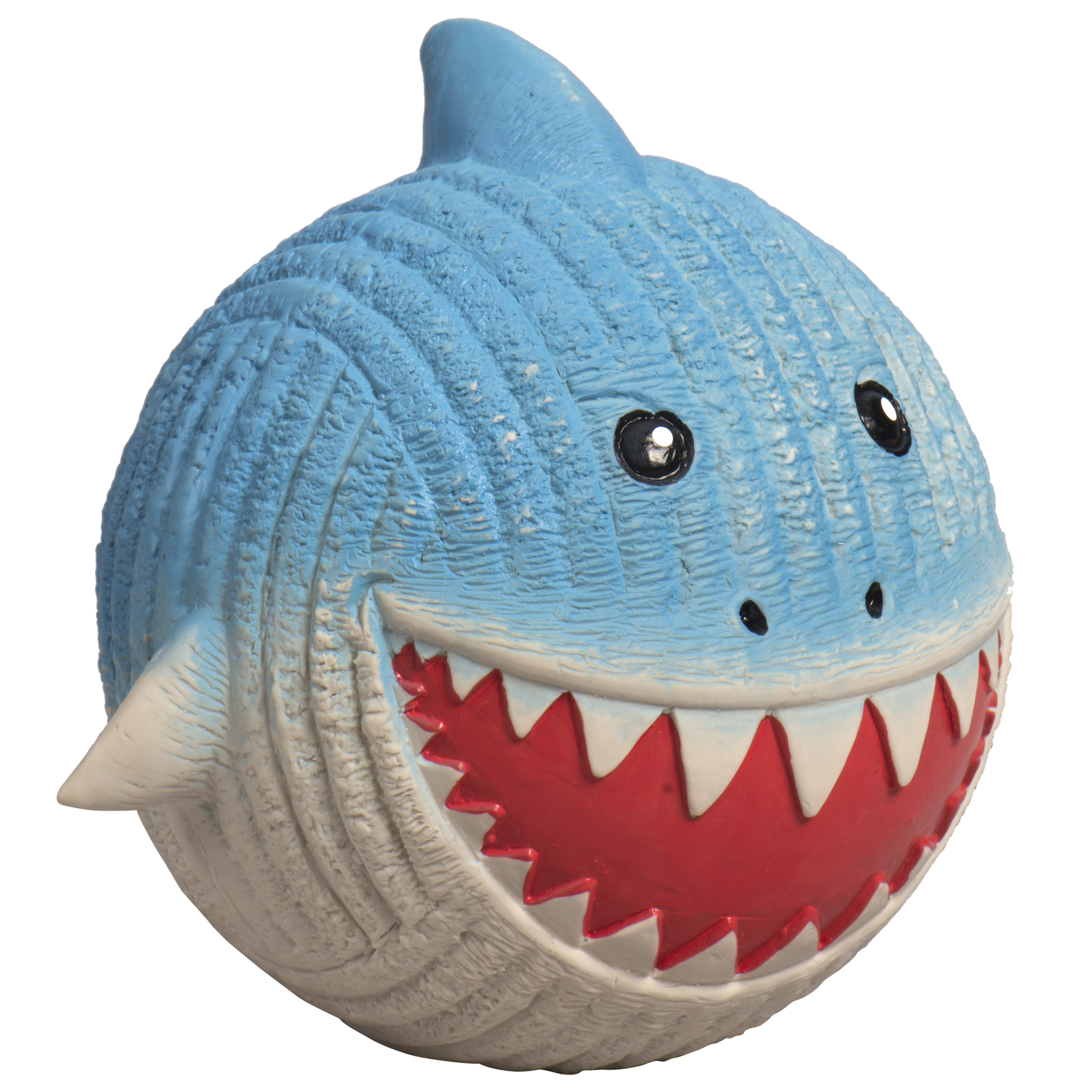 Toy shark with a blue body, red mouth, and white teeth on a white background
