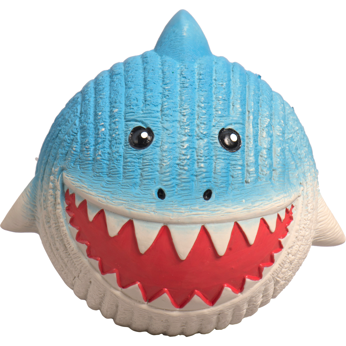Toy shark with a blue body, white teeth, and red mouth on a white background