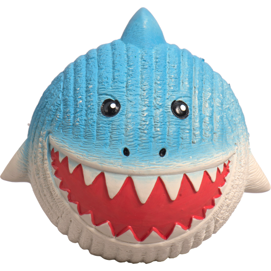 Toy shark with a blue body, white teeth, and red mouth on a white background