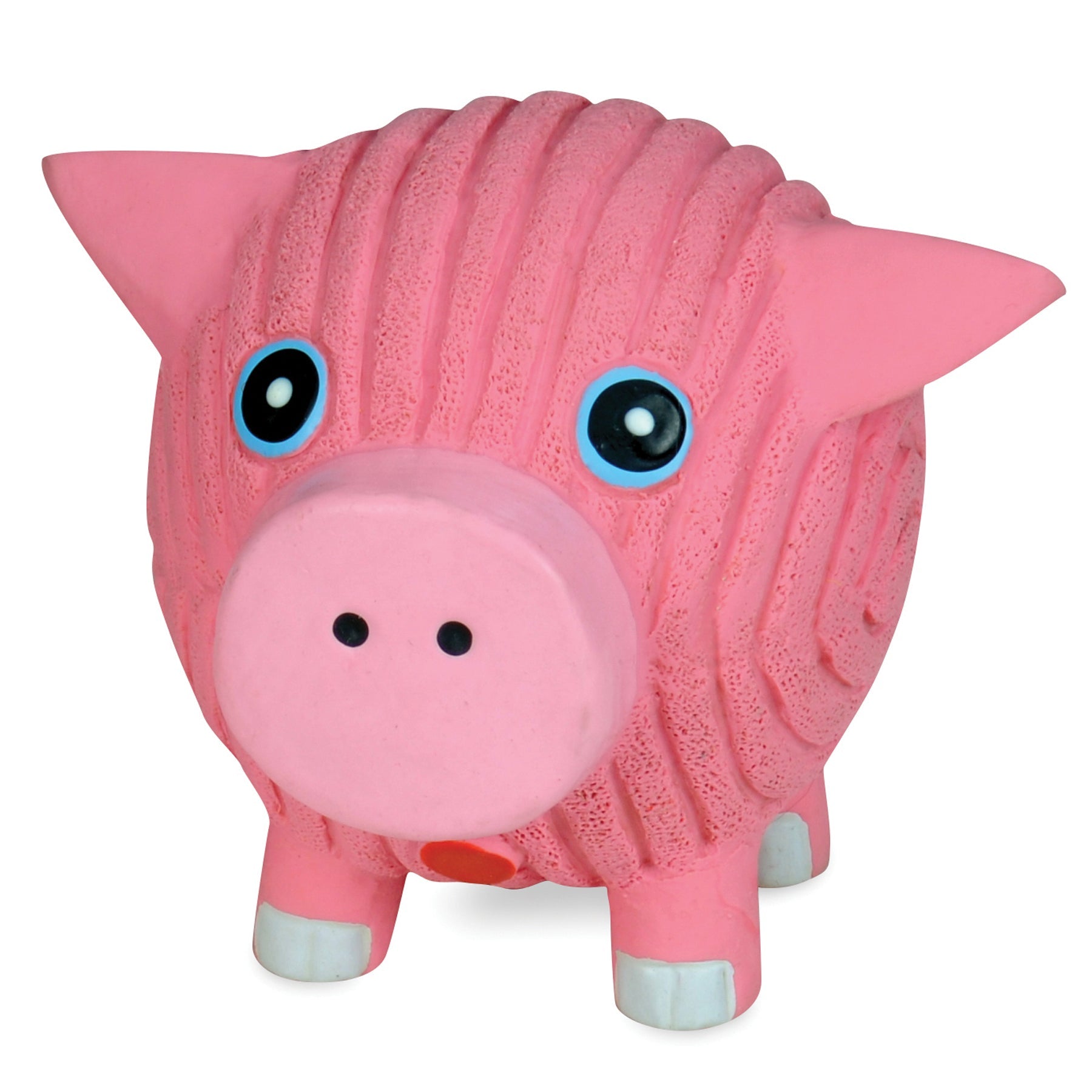 Pink textured piggy bank with blue eyes on a white background
