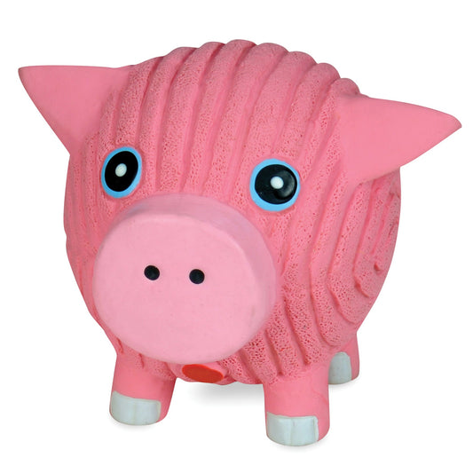 Pink textured piggy bank with blue eyes on a white background