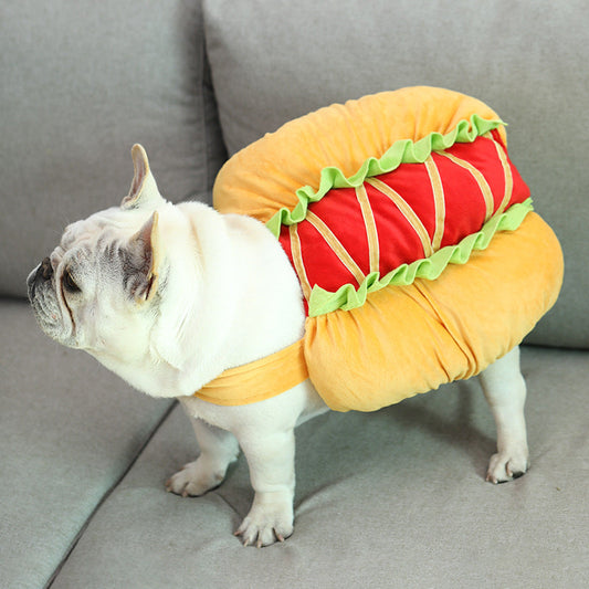 Dog wearing a hot dog burger costume transformation outfit