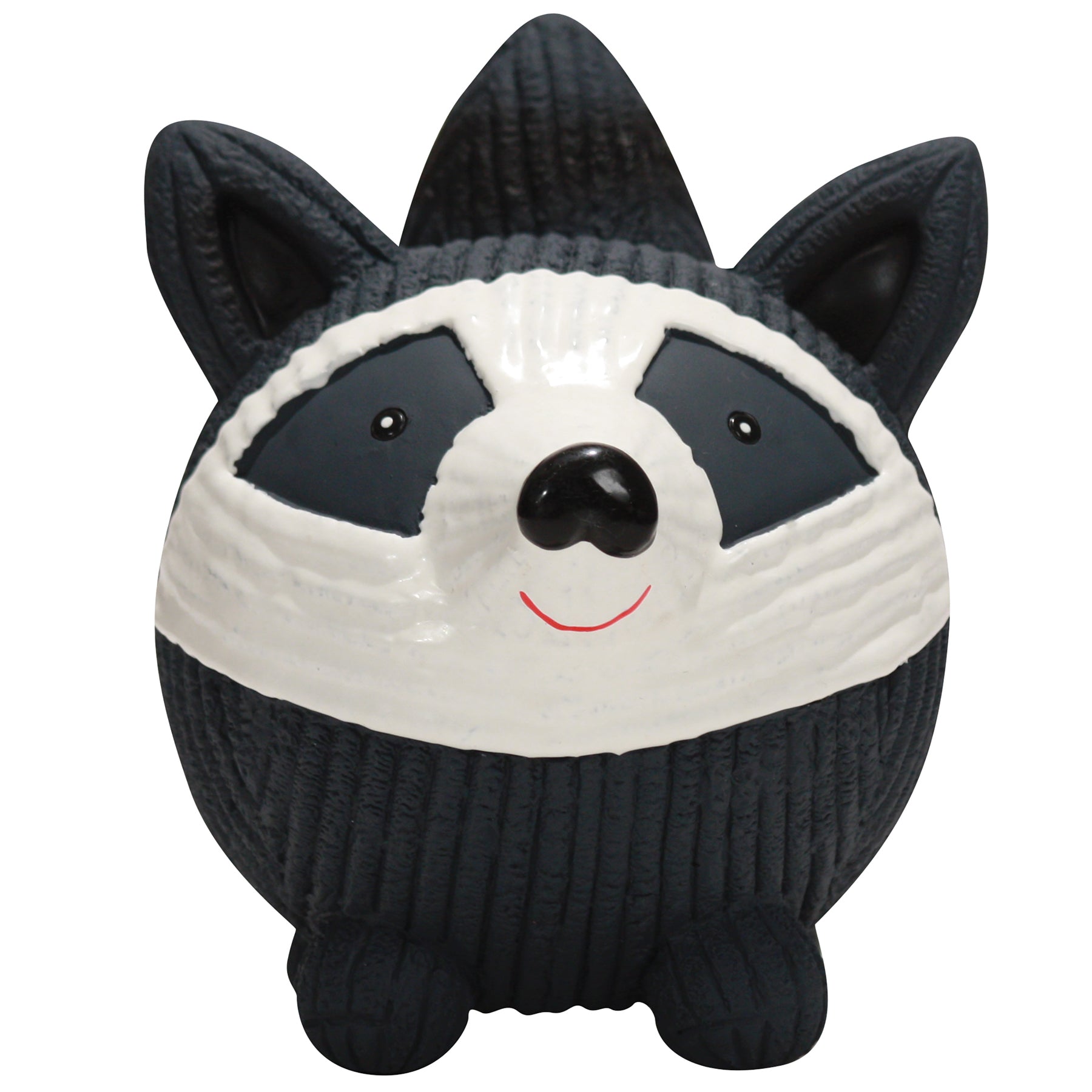 Plush toy raccoon wearing a black sweater on a white background