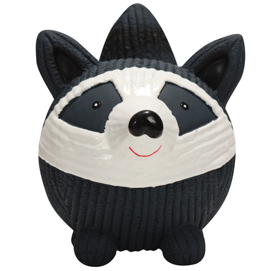 Plush toy raccoon wearing a black sweater on a white background