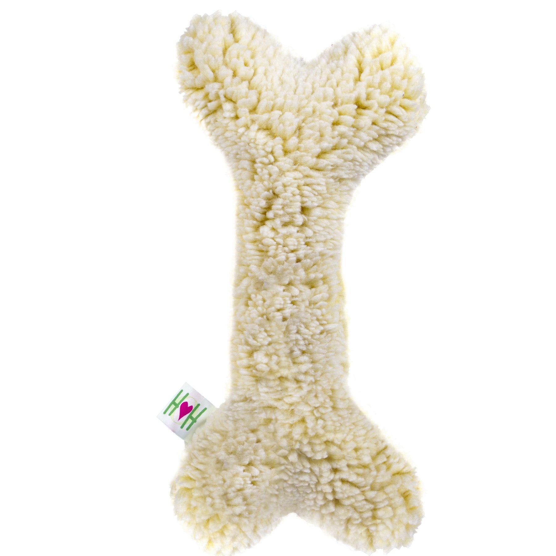 Plush bone-shaped toy with a visible brand tag on a white background