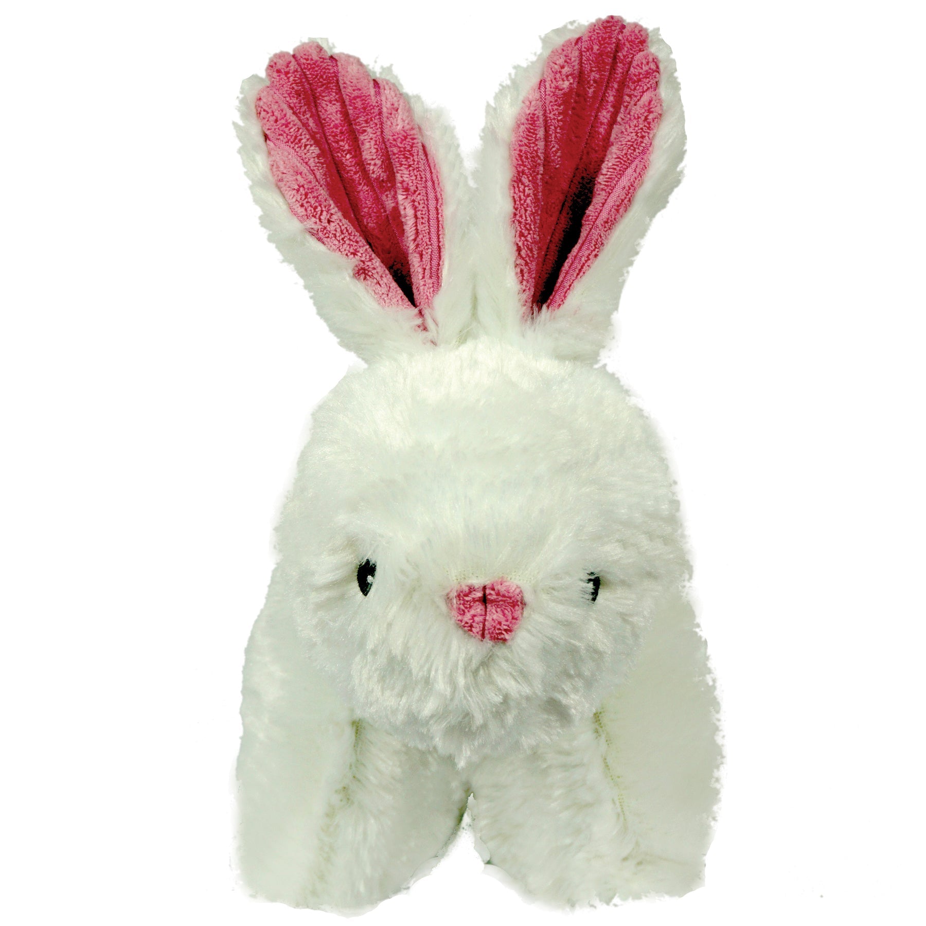 White plush bunny with pink ears and nose on a white background