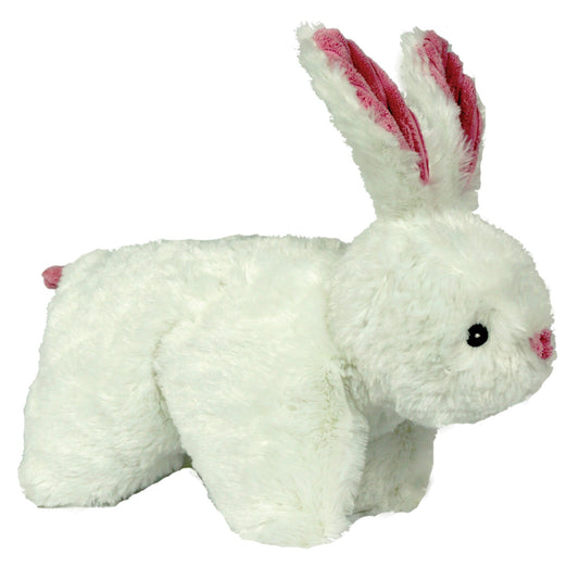 White plush bunny toy with pink ears on a white background