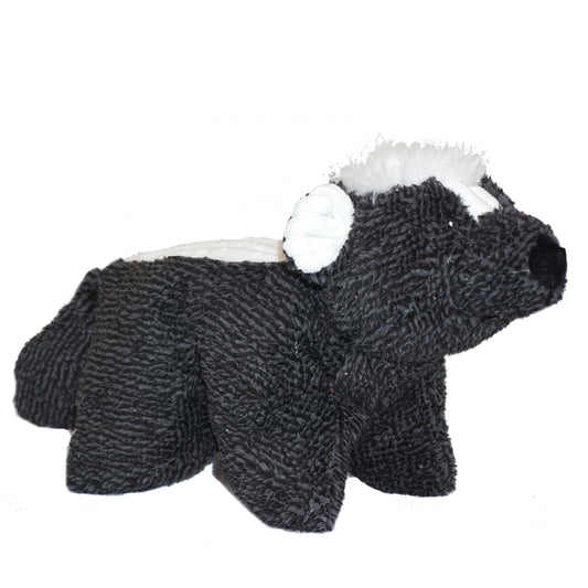 Plush toy cow with black body and white face on a white background
