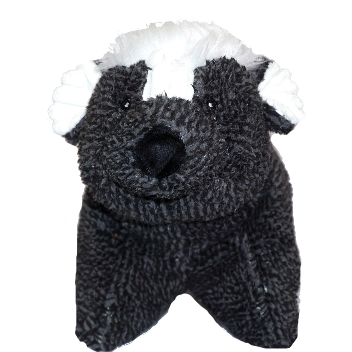 Gray knitted dog toy with white fur on a white background