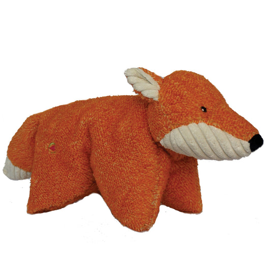Plush fox toy with a white rope around its neck on a white background