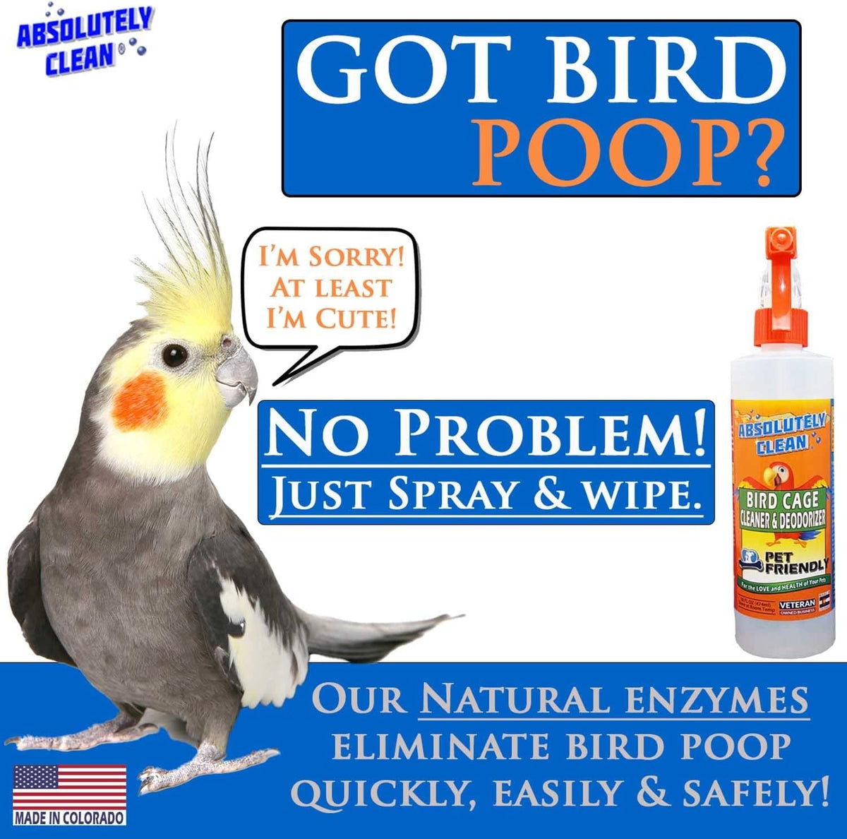 Advertisement for bird cage cleaner with a parrot and product packaging on a blue background.