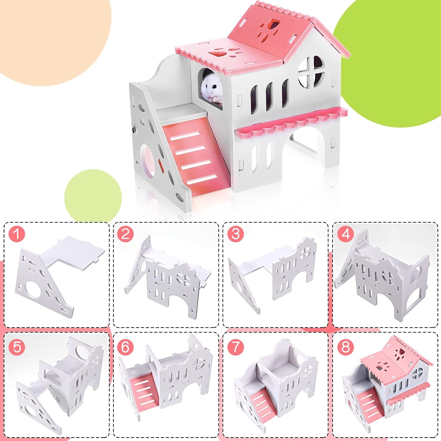 Children's toy house with a slide and multiple assembly steps shown below.