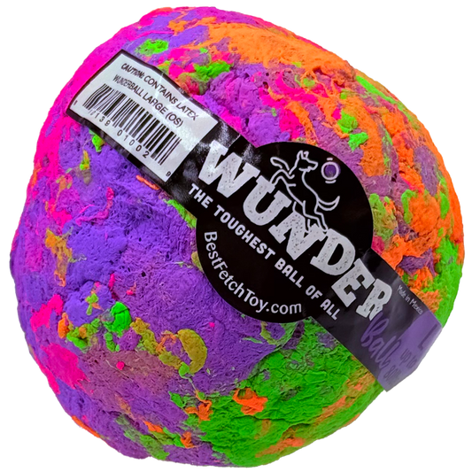 Colorful textured ball with a 'Wunder' label on a white background
