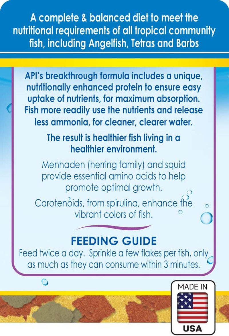 Fish food packaging with nutritional information and feeding guide on a blue and yellow background