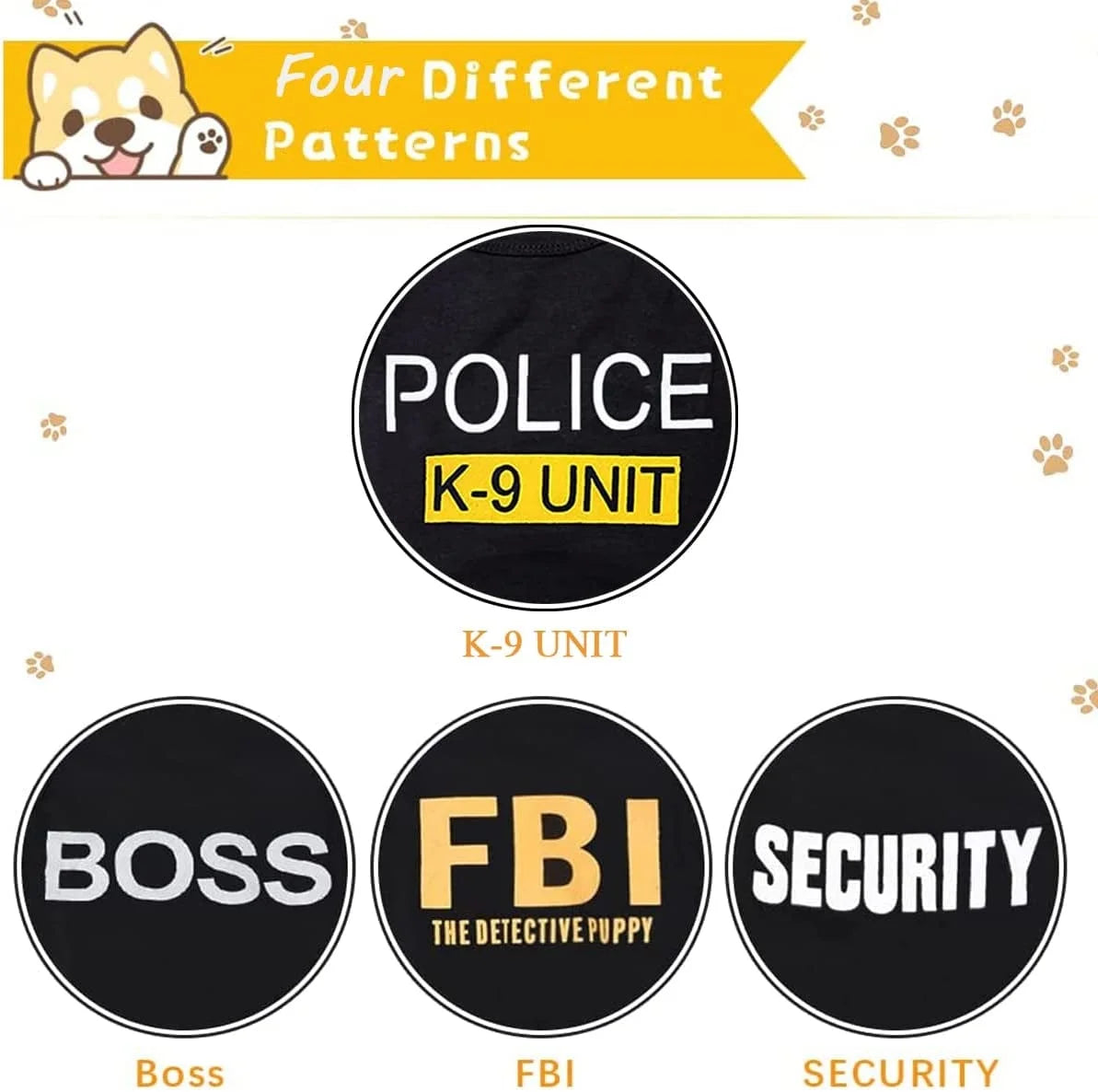 4-Pack Dog Shirts for Small Dogs – BOSS, FBI, K9 UNIT, SECURITY MJ's Pet Closet