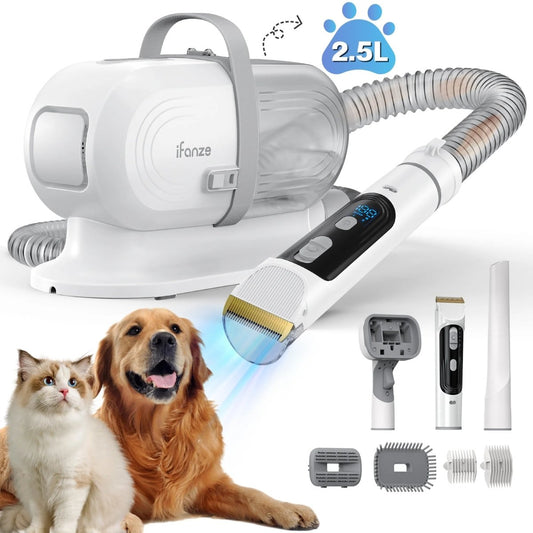 Pet grooming tool set with a hair dryer, brush, and attachments on a white background.